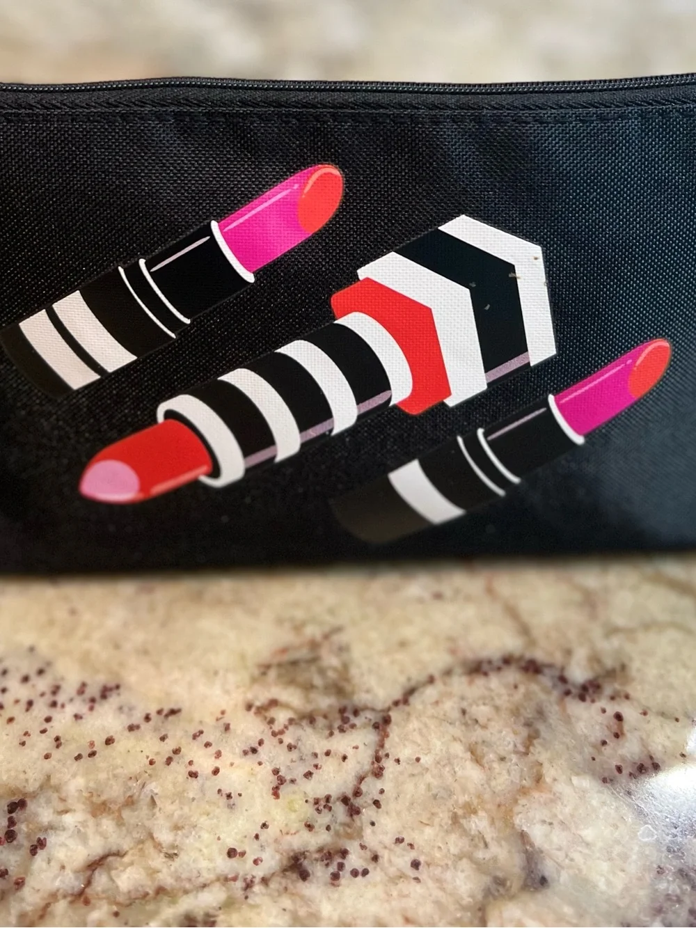 Sephora Black Cosmetic Pouch with Pink and Red Lipstick Motif
